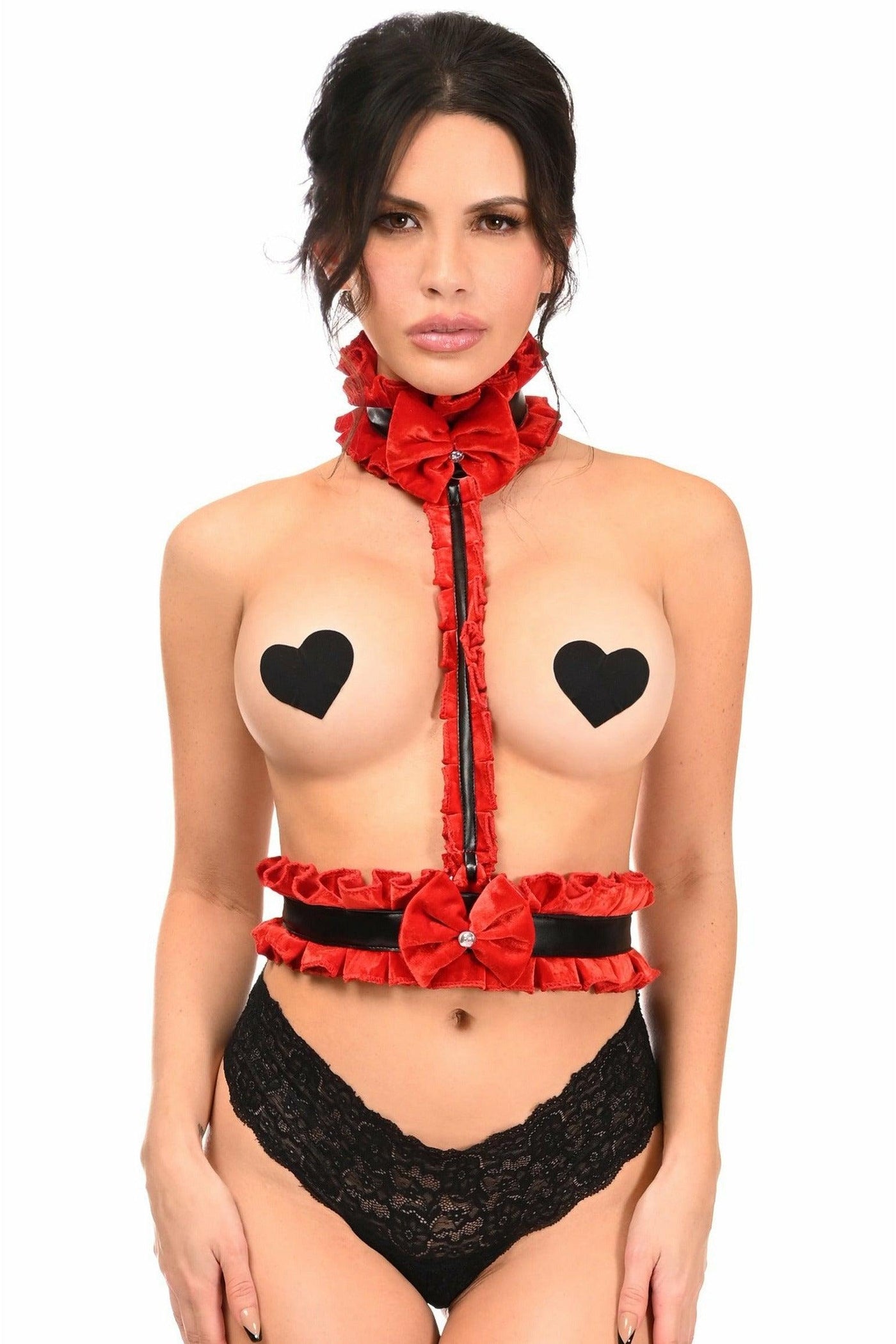 Kitten Collection Red Velvet & Faux Leather Single Strap Body Harness - Daisy Corsets