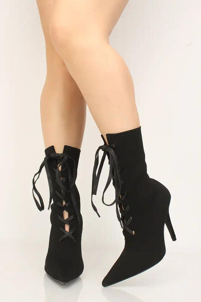 Knit Black Pointy Toe Lace-Up Heel Booties - AMIClubwear