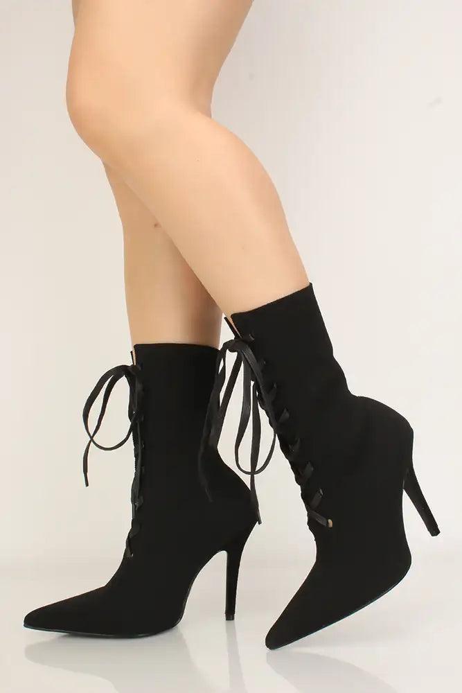 Knit Black Pointy Toe Lace-Up Heel Booties - AMIClubwear