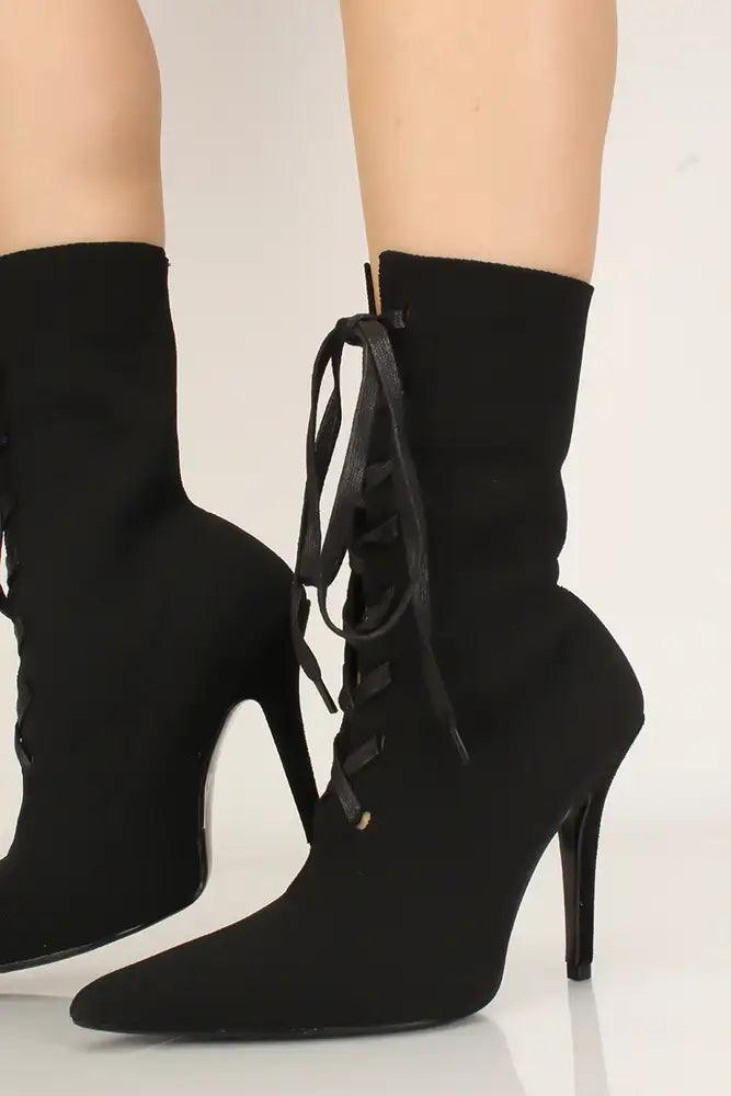 Knit Black Pointy Toe Lace-Up Heel Booties - AMIClubwear