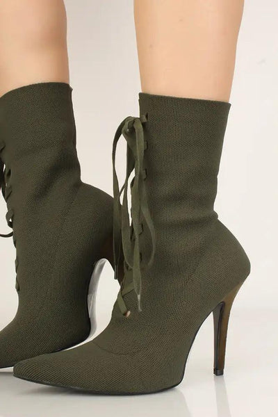 Knit Khaki Pointy Toe Lace-Up Heel Booties - AMIClubwear