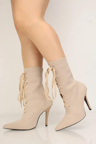 Knit Nude Pointy Toe Lace-Up Heel Booties - AMIClubwear