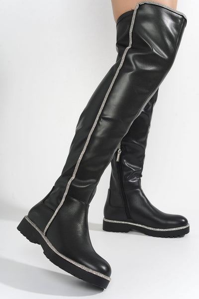 KURI - BLACK Thigh High Boots - AMIClubwear