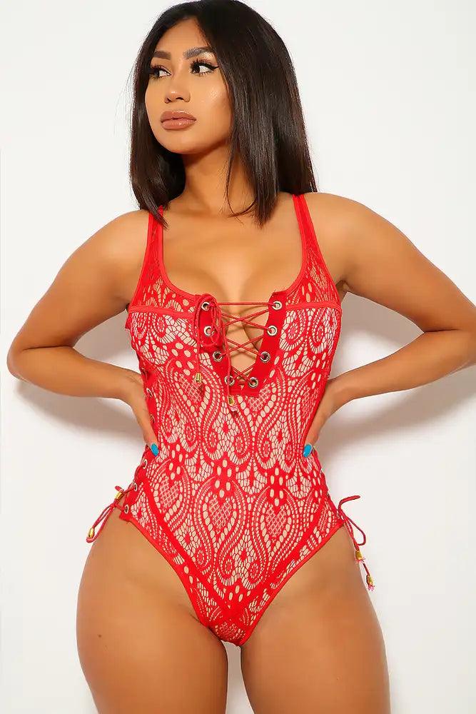 Lace Red Beige Lace-Up One Piece Swimsuit - AMIClubwear