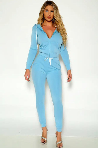 Lake Blue Long Sleeve Hooded Zipper Closure Two Piece Outfit - AMIClubwear