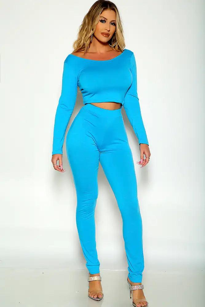 Lake Blue Long Sleeve Off The Shoulder Lounge Wear Outfit - AMIClubwear