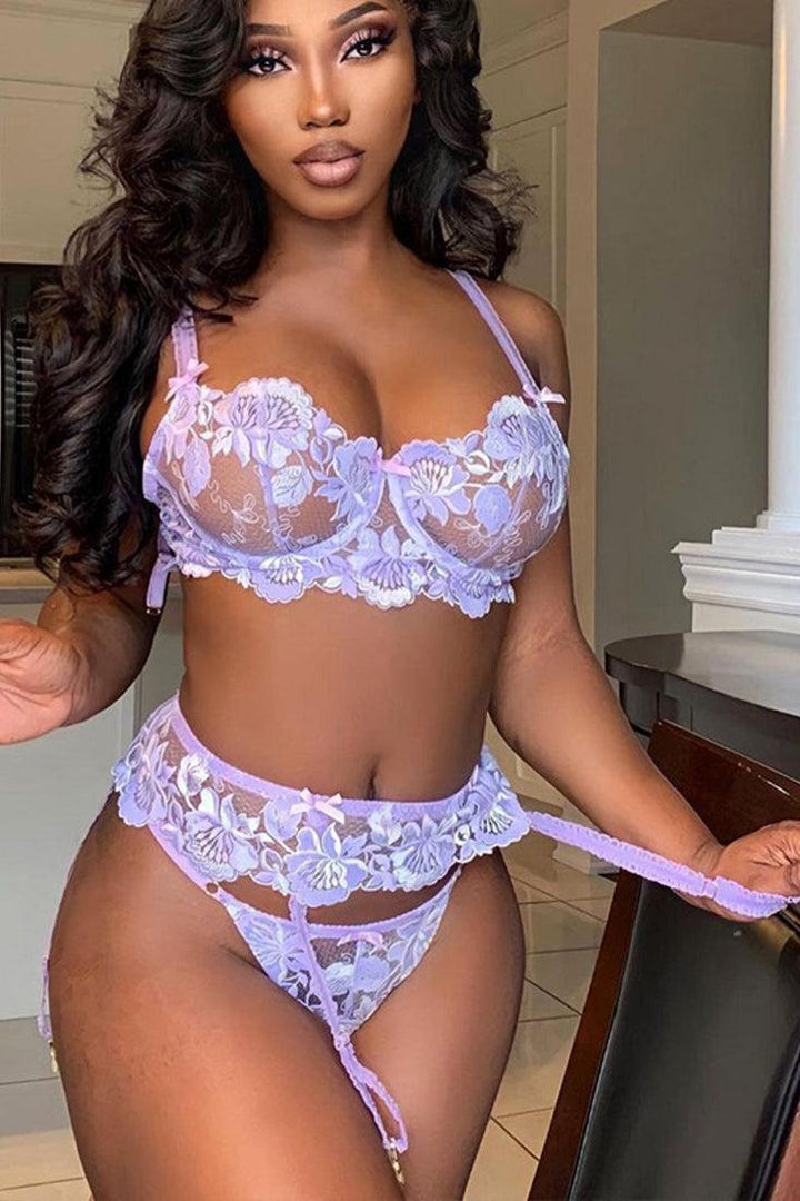 Lavender Floral Embroidered Mesh Underwire Sexy Lingerie 3 Pc Set –  AMIClubwear