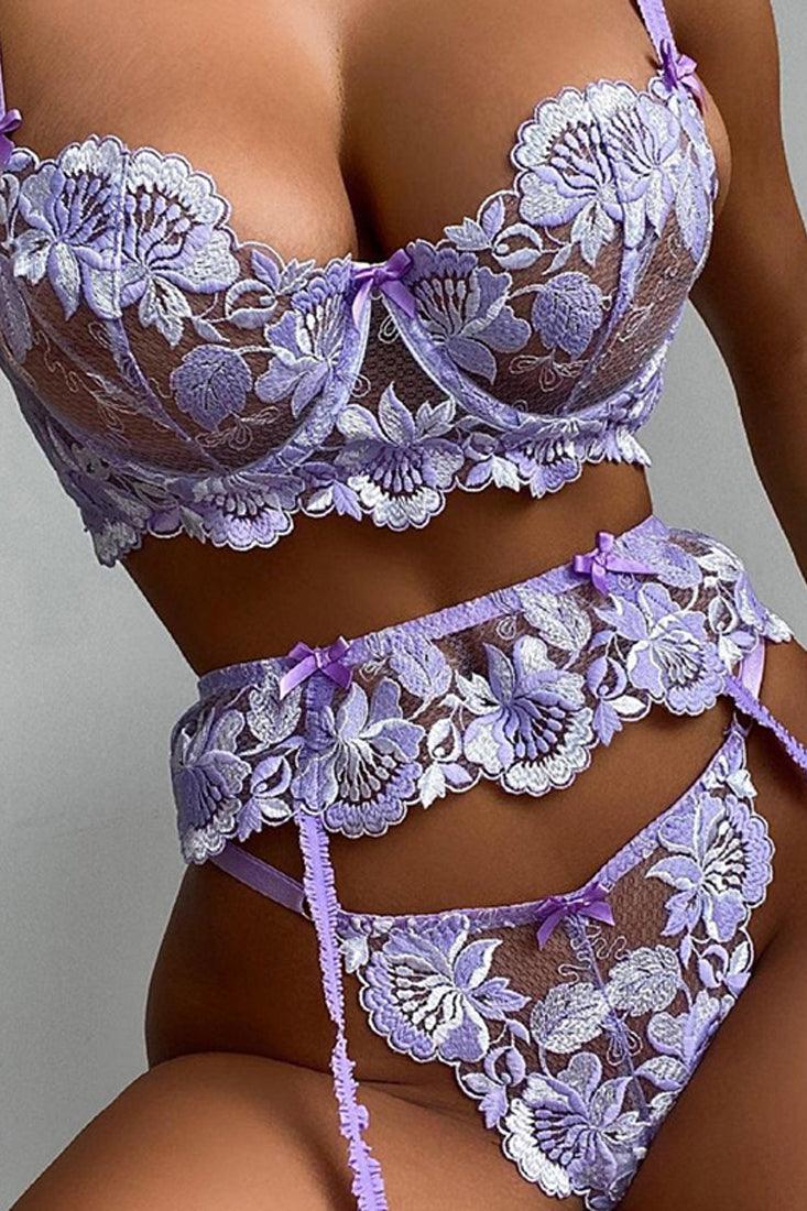 Lavender Floral Embroidered Mesh Underwire Sexy Lingerie 3 Pc Set AMIClubwear Lavender Floral Embroidered Mesh Underwire Sexy Lingerie 3 Pc Set AMIClubwear