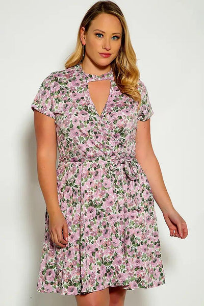 Lavender Floral Print Mock Neck Plus Size Dress - AMIClubwear