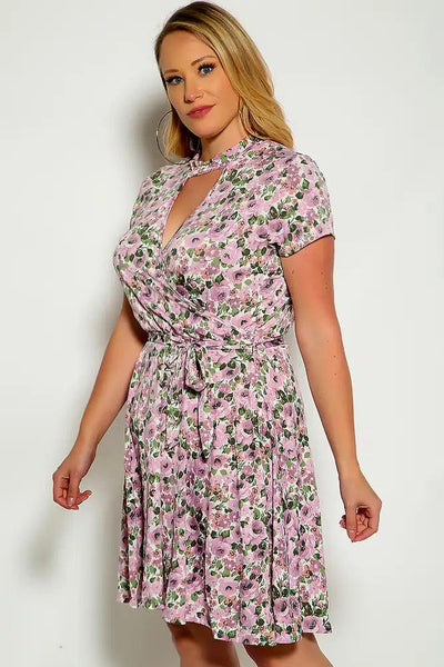 Lavender Floral Print Mock Neck Plus Size Dress - AMIClubwear