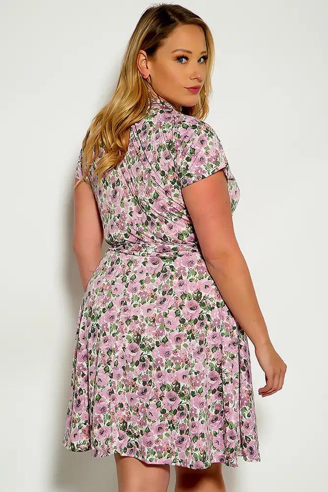 Lavender Floral Print Mock Neck Plus Size Dress - AMIClubwear