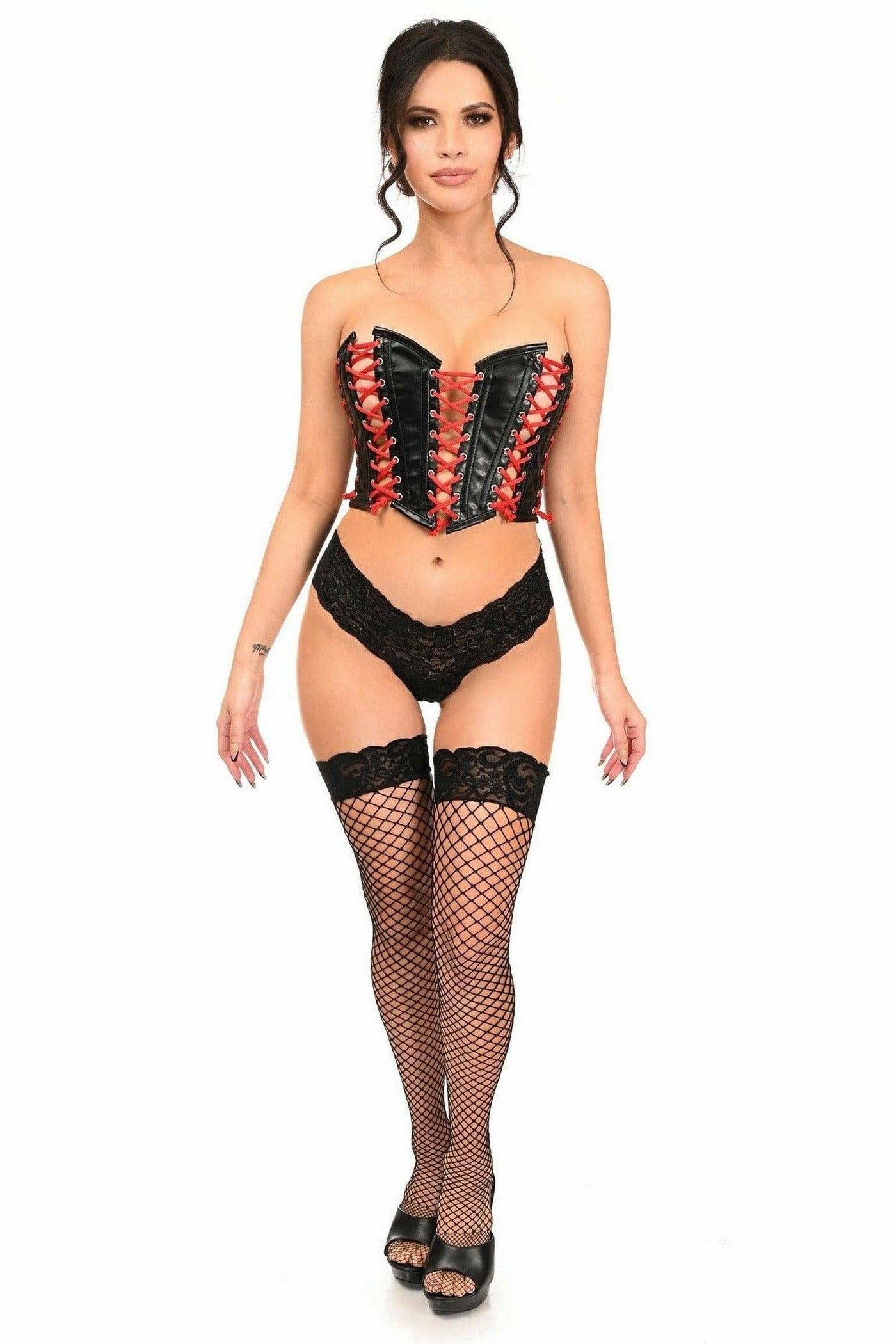 Lavish Black Faux Leather w/Red Lacing Lace-Up Bustier - Daisy Corsets