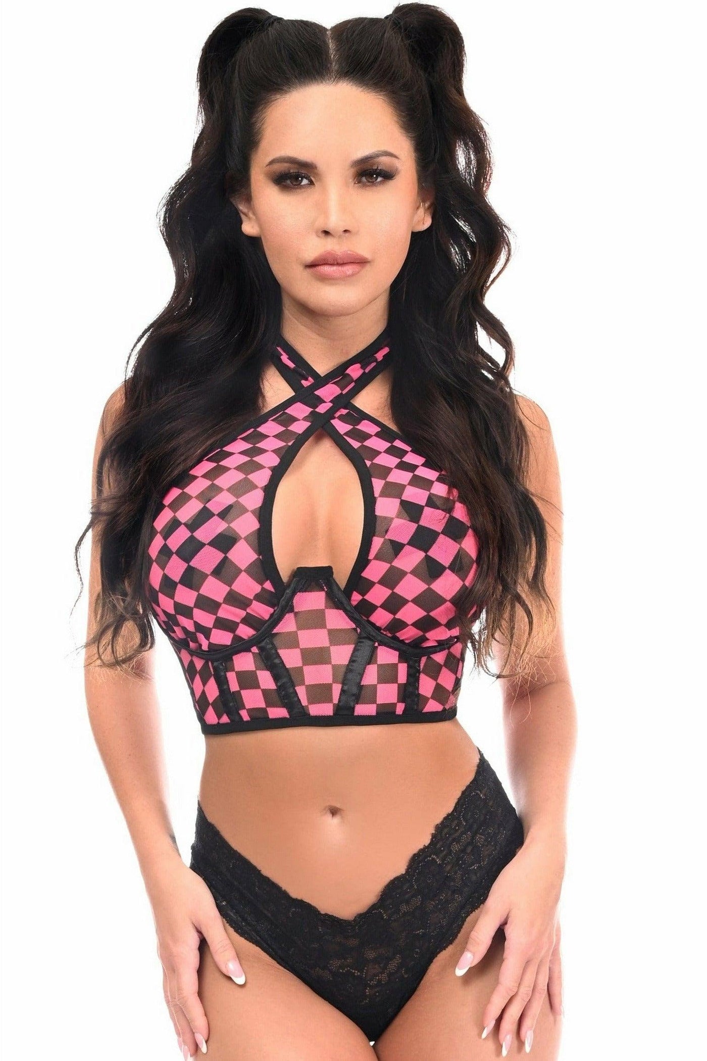 Lavish Black/Pink Checker Mesh Underwire Cincher w/Built In Halter Top - AMIClubwear