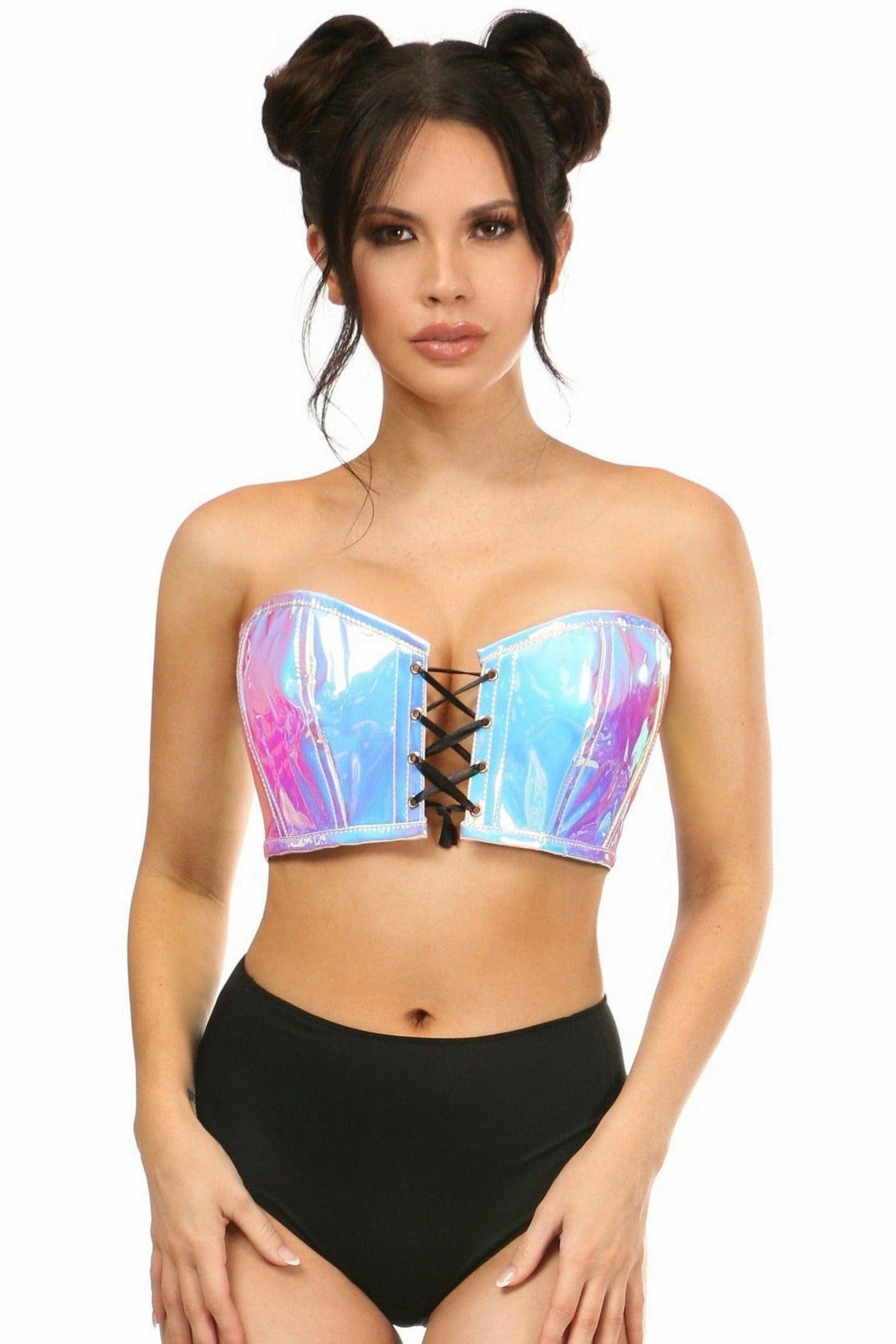 Lavish Blue/Purple Holo Lace-Up Bustier Top - AMIClubwear