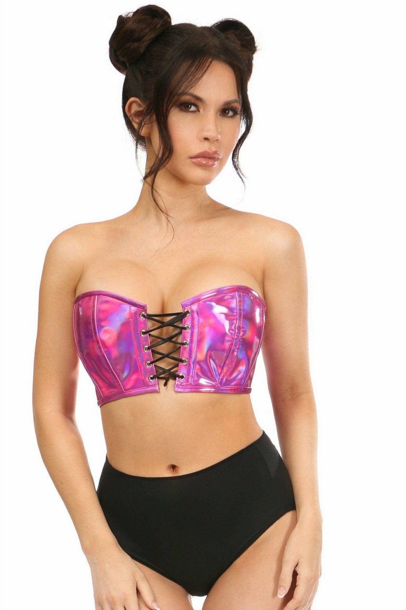 Lavish Fuchsia Holo Lace-Up Bustier Top - AMIClubwear