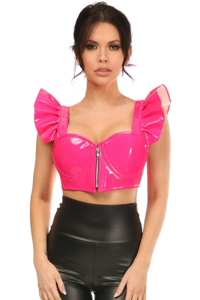 Lavish Hot Pink Patent Underwire Bustier Top w/Removable Ruffle Sleeves - AMIClubwear