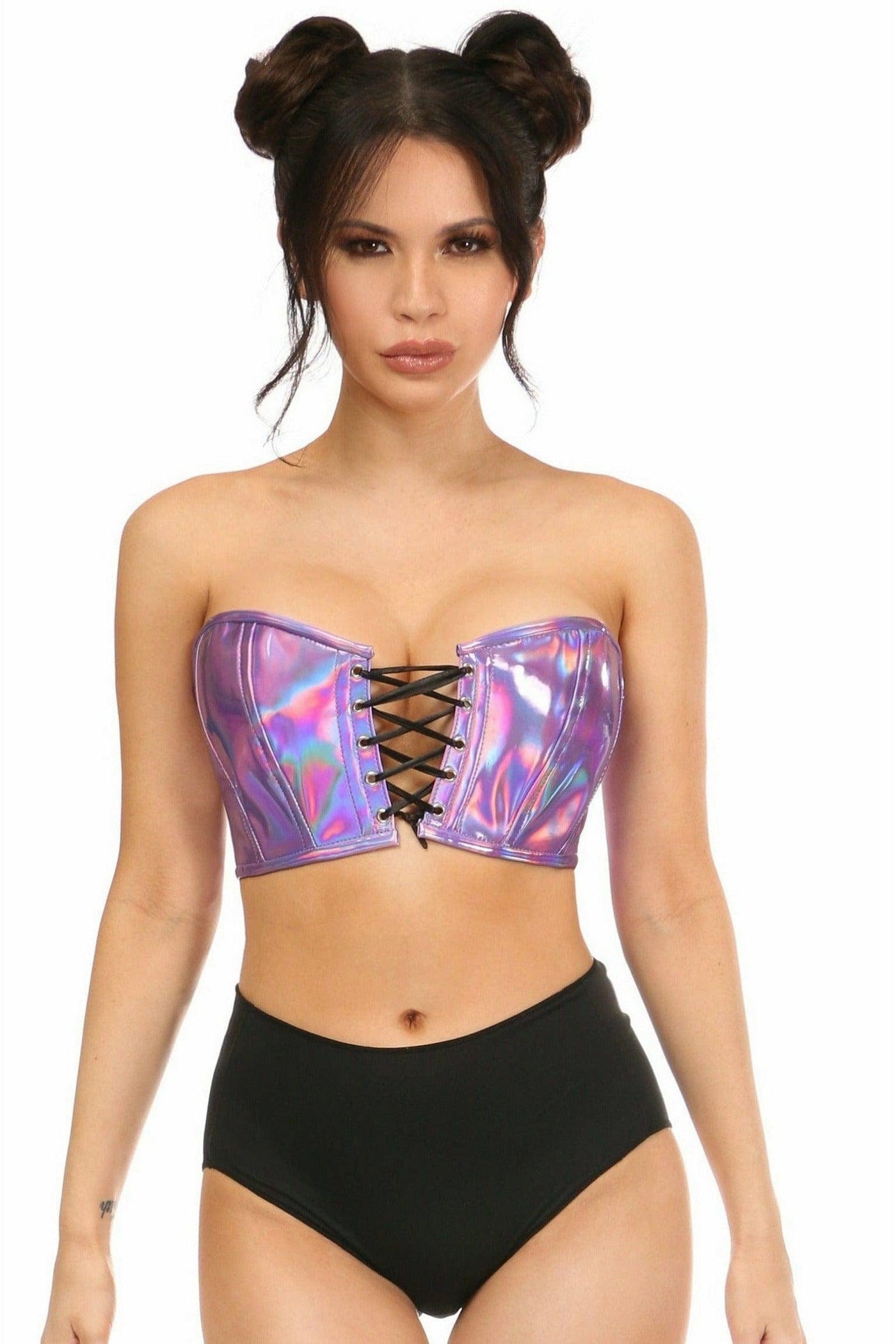 Lavish Lavender Holo Lace-Up Bustier Top - AMIClubwear