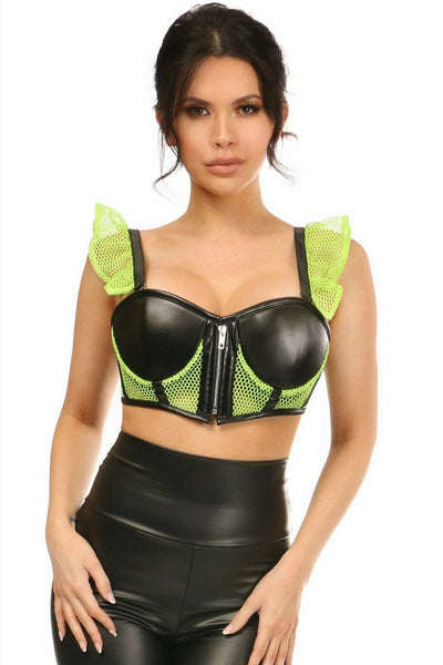 Lavish Neon Green Fishnet & Faux Leather Underwire Bustier Top w/Removable Ruffle Sleeves - AMIClubwear