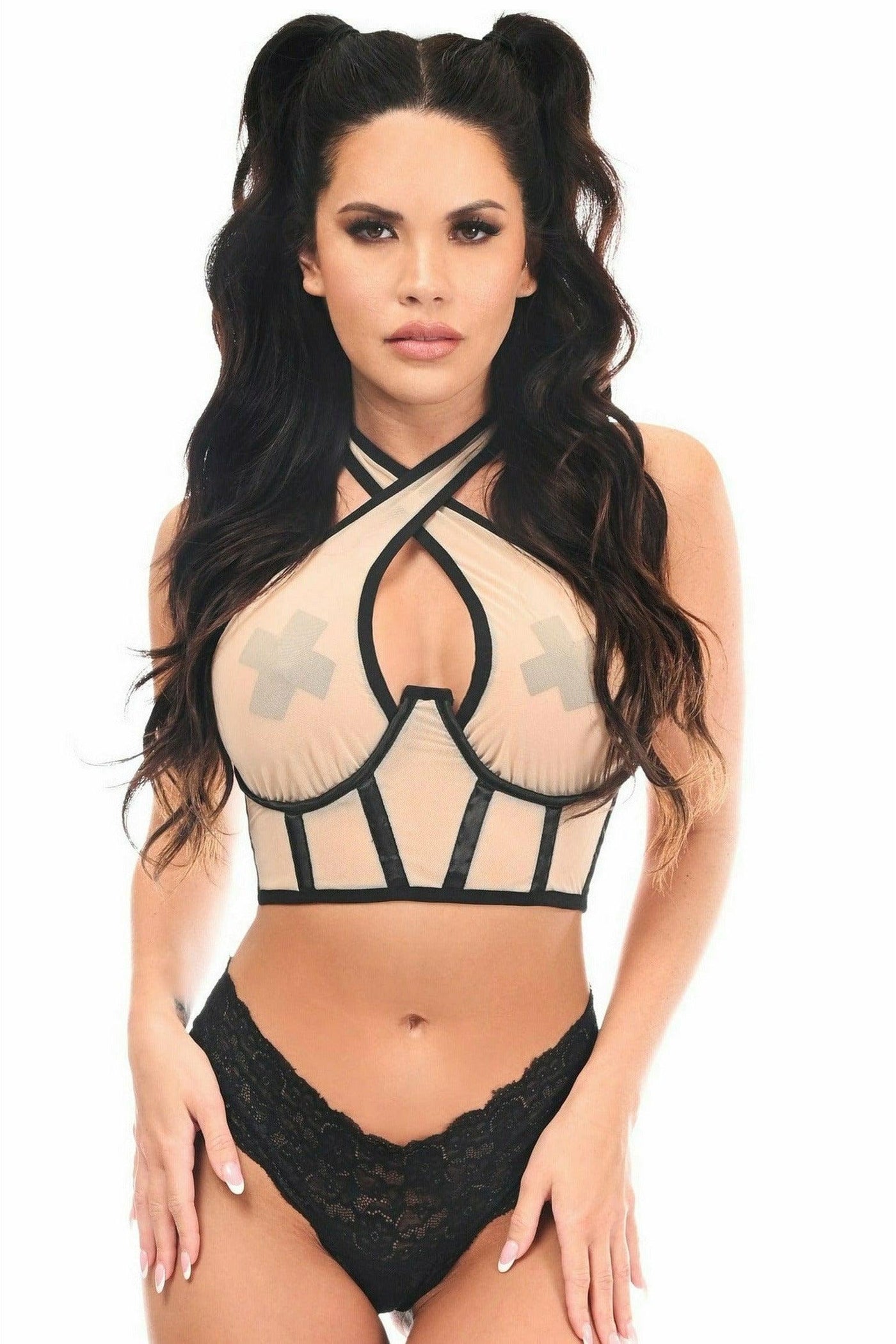 Lavish Nude Mesh Underwire Cincher w/Built In Halter Top - AMIClubwear