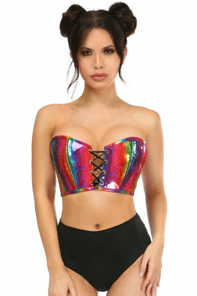 Lavish Rainbow Glitter PVC Lace-Up Bustier Top - AMIClubwear