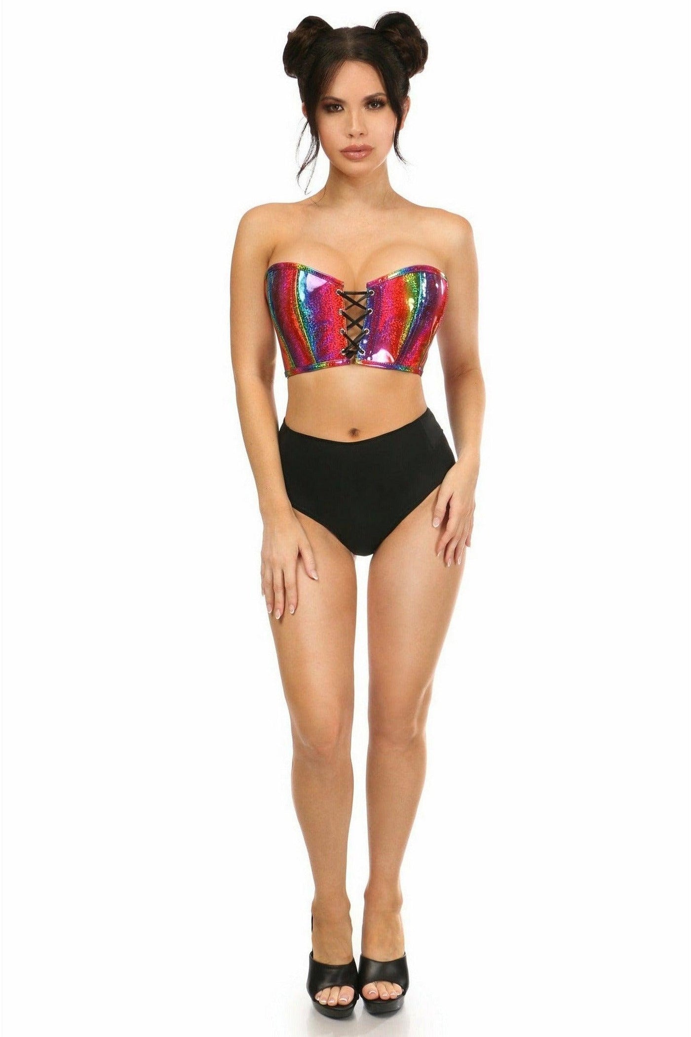 Lavish Rainbow Glitter PVC Lace-Up Bustier Top - AMIClubwear