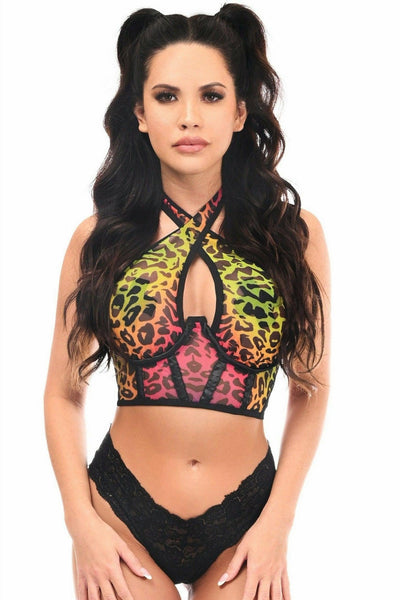 Lavish Rainbow Leopard Mesh Underwire Cincher w/Built In Halter Top - AMIClubwear