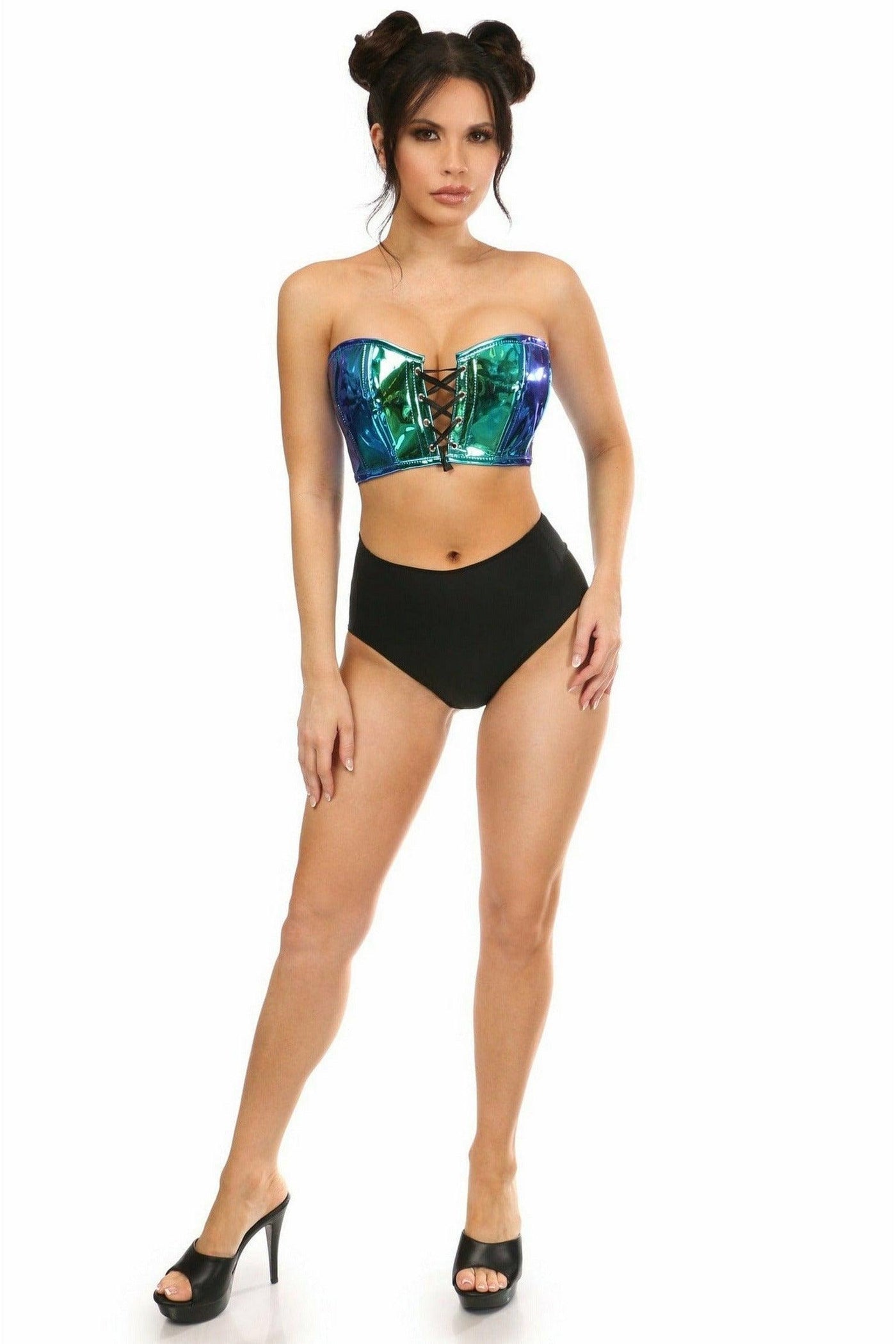 Lavish Teal/Blue Holo Lace-Up Short Bustier Top - AMIClubwear