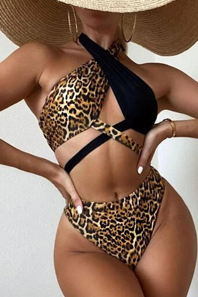 Leopard Black Criss Cross Sexy Two Piece Swimsuit - AMIClubwear