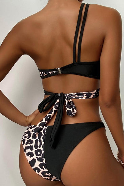 Leopard Black Strappy One Shoulder Two Piece Swimsuit - AMIClubwear