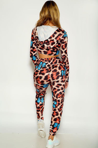 Leopard Butterfly Print Long Sleeve Hooded Two piece Outfit - AMIClubwear