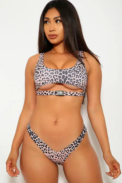 Leopard Cut Out Buckle Cheeky Two Piece Swimsuit - AMIClubwear