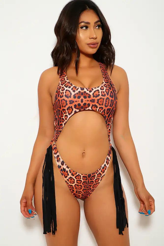 Leopard Cut Out Fringe Cheeky One Piece Swimsuit - AMIClubwear