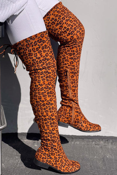 Leopard Faux Suede Thigh High Drawstring Riding Boots - AMIClubwear