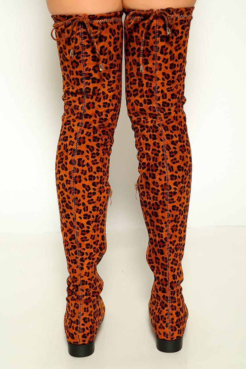 Leopard Faux Suede Thigh High Drawstring Riding Boots - AMIClubwear