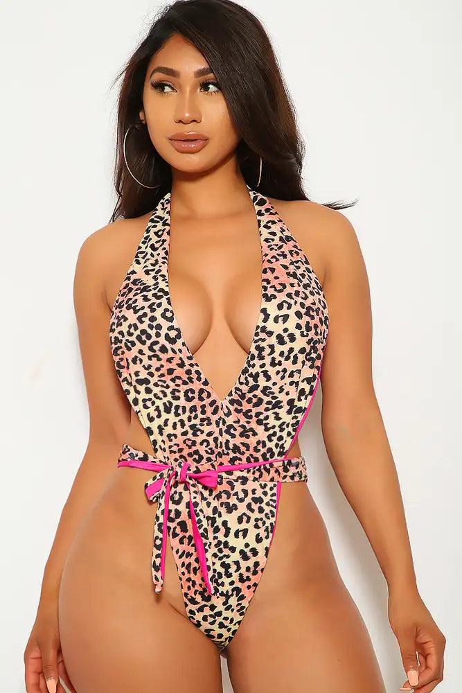 Leopard Fuchsia Plunging One Piece Swimsuit - AMIClubwear