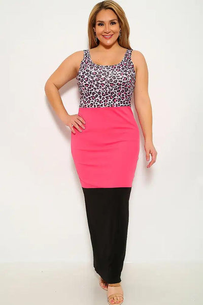 Leopard Fuchsia Sleeveless Plus Size Maxi Dress - AMIClubwear