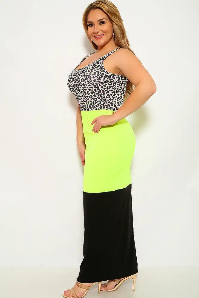 Leopard Lime Sleeveless Plus Size Maxi Dress - AMIClubwear