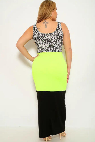 Leopard Lime Sleeveless Plus Size Maxi Dress - AMIClubwear