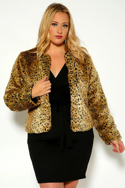 Leopard Long Sleeve Fux fur Plus Size Coat - AMIClubwear