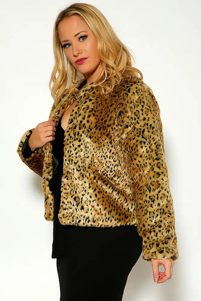 Leopard Long Sleeve Fux fur Plus Size Coat - AMIClubwear