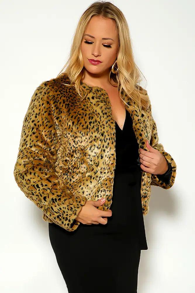 Leopard Long Sleeve Fux fur Plus Size Coat - AMIClubwear