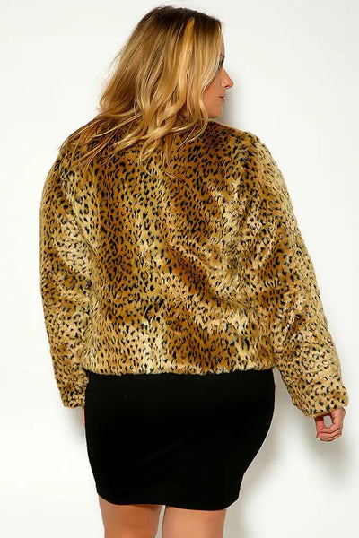 Leopard Long Sleeve Fux fur Plus Size Coat - AMIClubwear