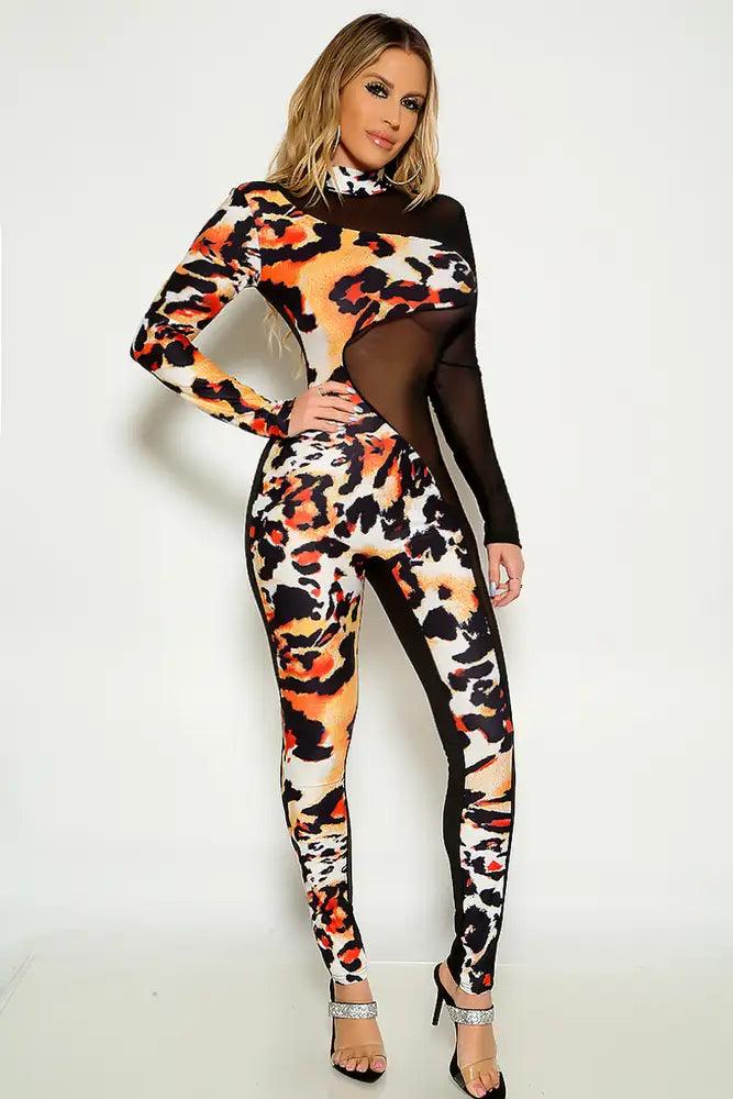 Leopard Long Sleeve Mesh Sexy Jumpsuit - AMIClubwear