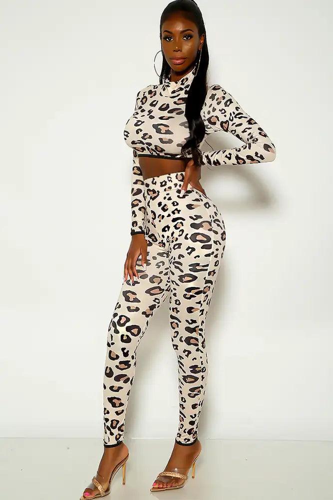 Leopard Long Sleeve Mock Neck Two Piece Outfit - AMIClubwear