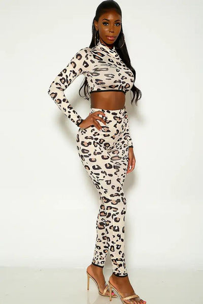 Leopard Long Sleeve Mock Neck Two Piece Outfit - AMIClubwear