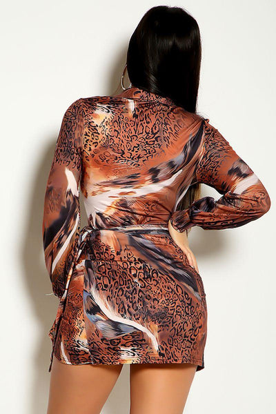 Leopard Long Sleeve Wrap Around Dress - AMIClubwear