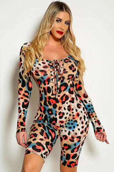 Leopard Multi Long Sleeve  Lace Up Fitted Romper - AMIClubwear