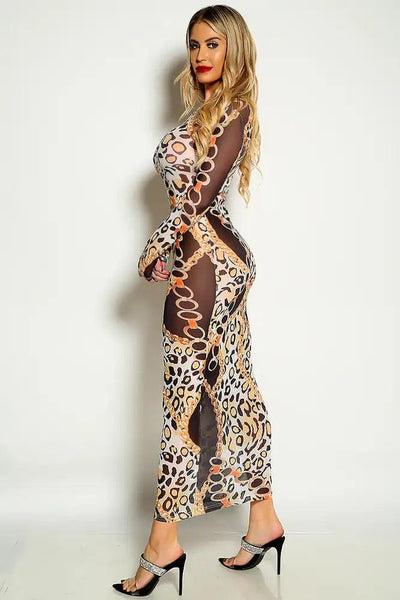 Leopard Multi Long Sleeve Mesh Sexy Midi Dress - AMIClubwear