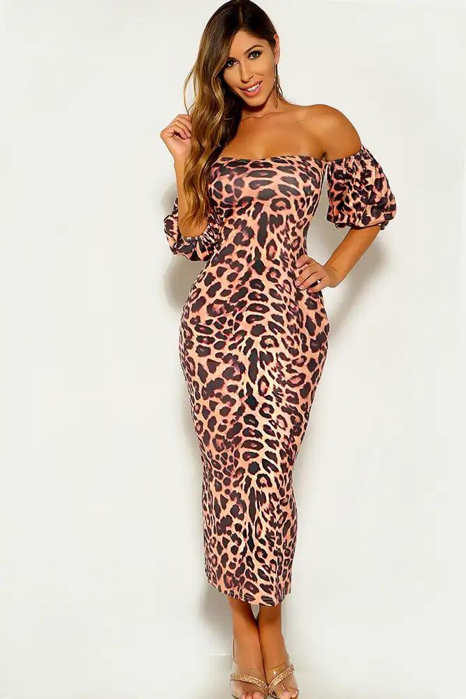 Leopard Off The Shoulder Puff sleeve Party Dress - AMIClubwear