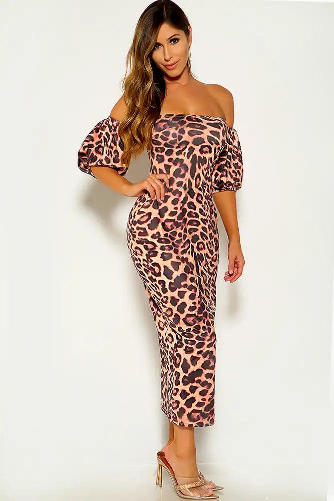 Leopard Off The Shoulder Puff sleeve Party Dress - AMIClubwear